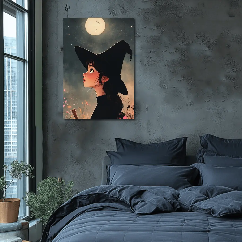 Anime Witch Girl Moonlit Night Sky – Wall Art