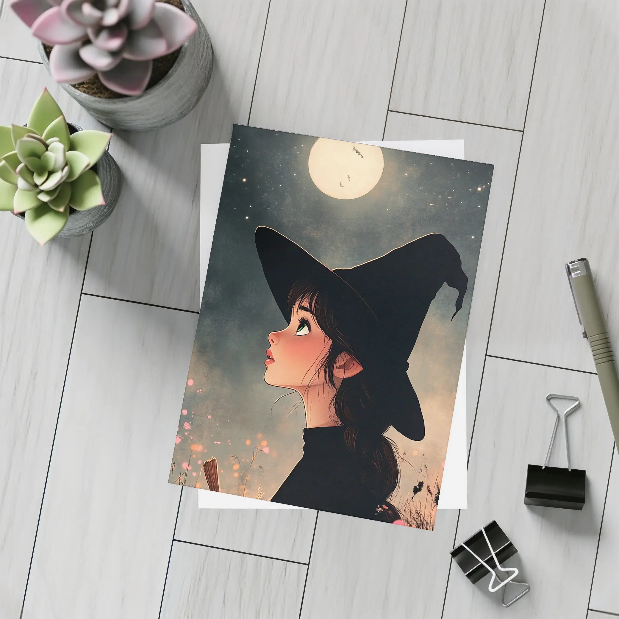 Anime Witch Girl Moonlit Night Sky – Postcards