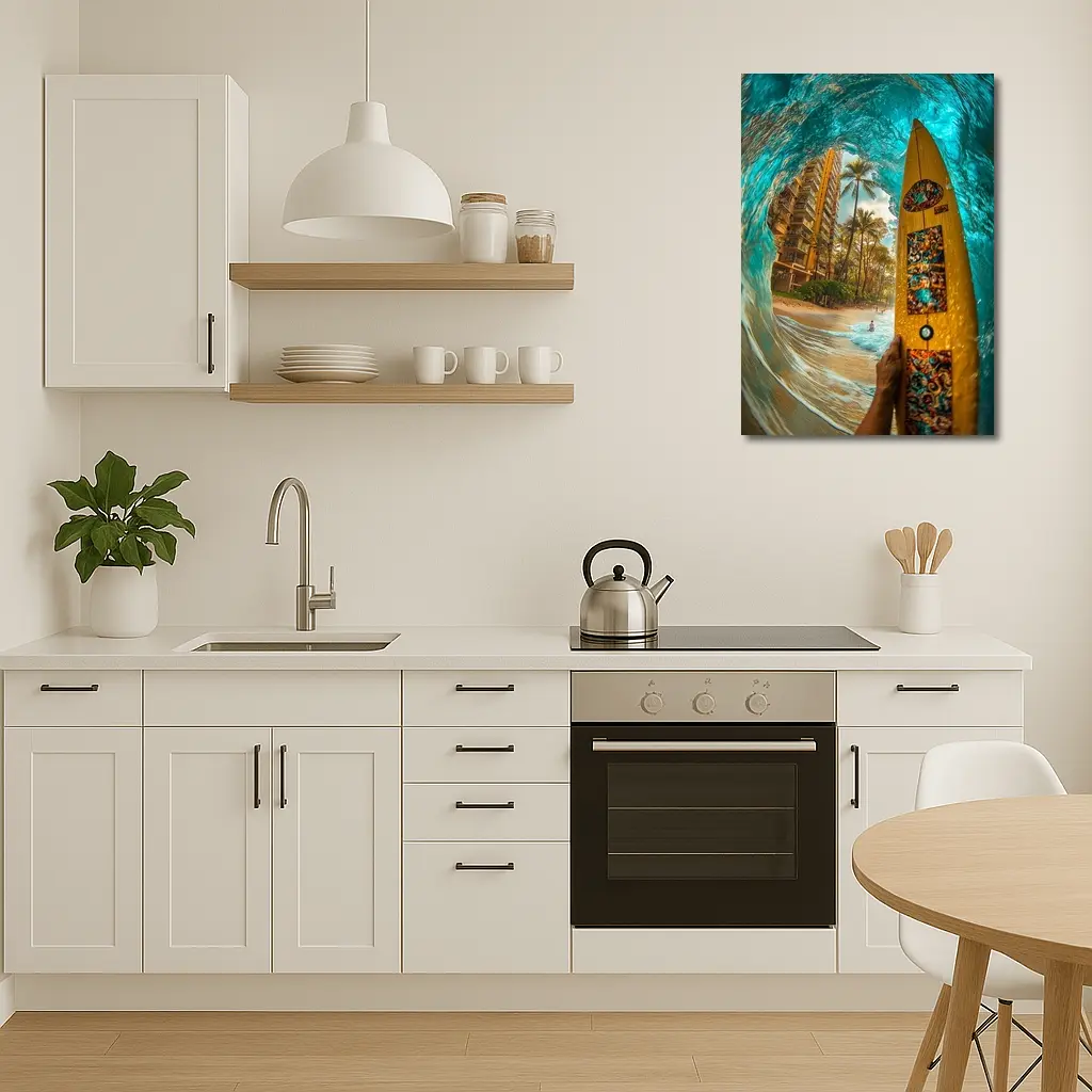 Surfer Holding Yellow Board Inside Ocean Wave – Wall Art