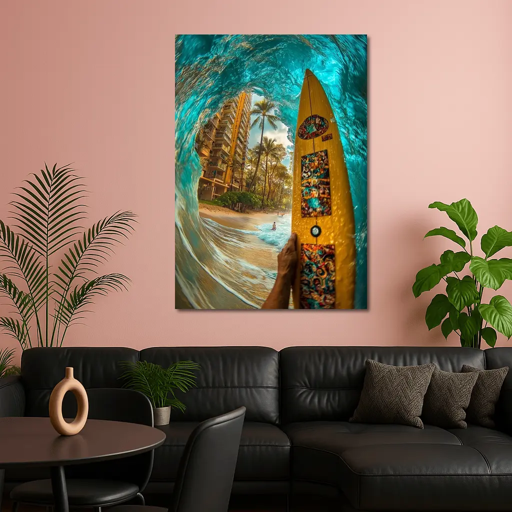 Surfer Holding Yellow Board Inside Ocean Wave – Wall Art