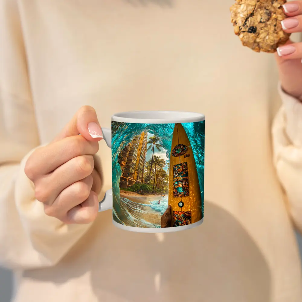 Surfer Holding Yellow Board Inside Ocean Wave – Mugs