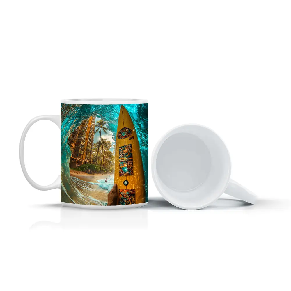 Surfer Holding Yellow Board Inside Ocean Wave – Mugs