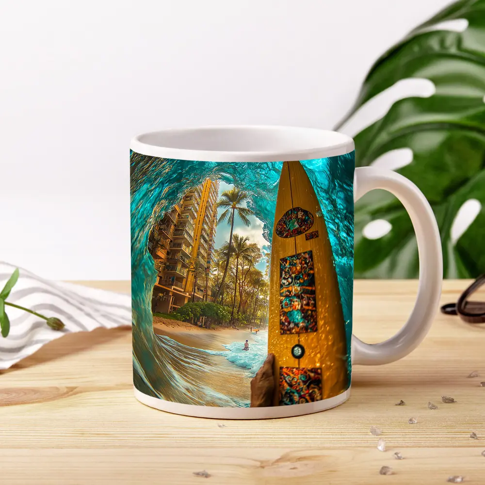 Surfer Holding Yellow Board Inside Ocean Wave – Mugs