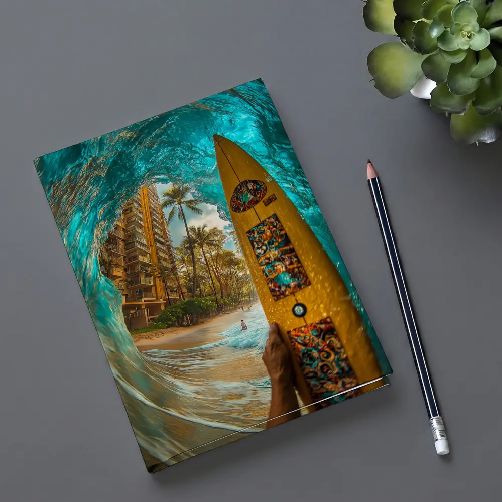 Surfer Holding Yellow Board Inside Ocean Wave – Notebooks