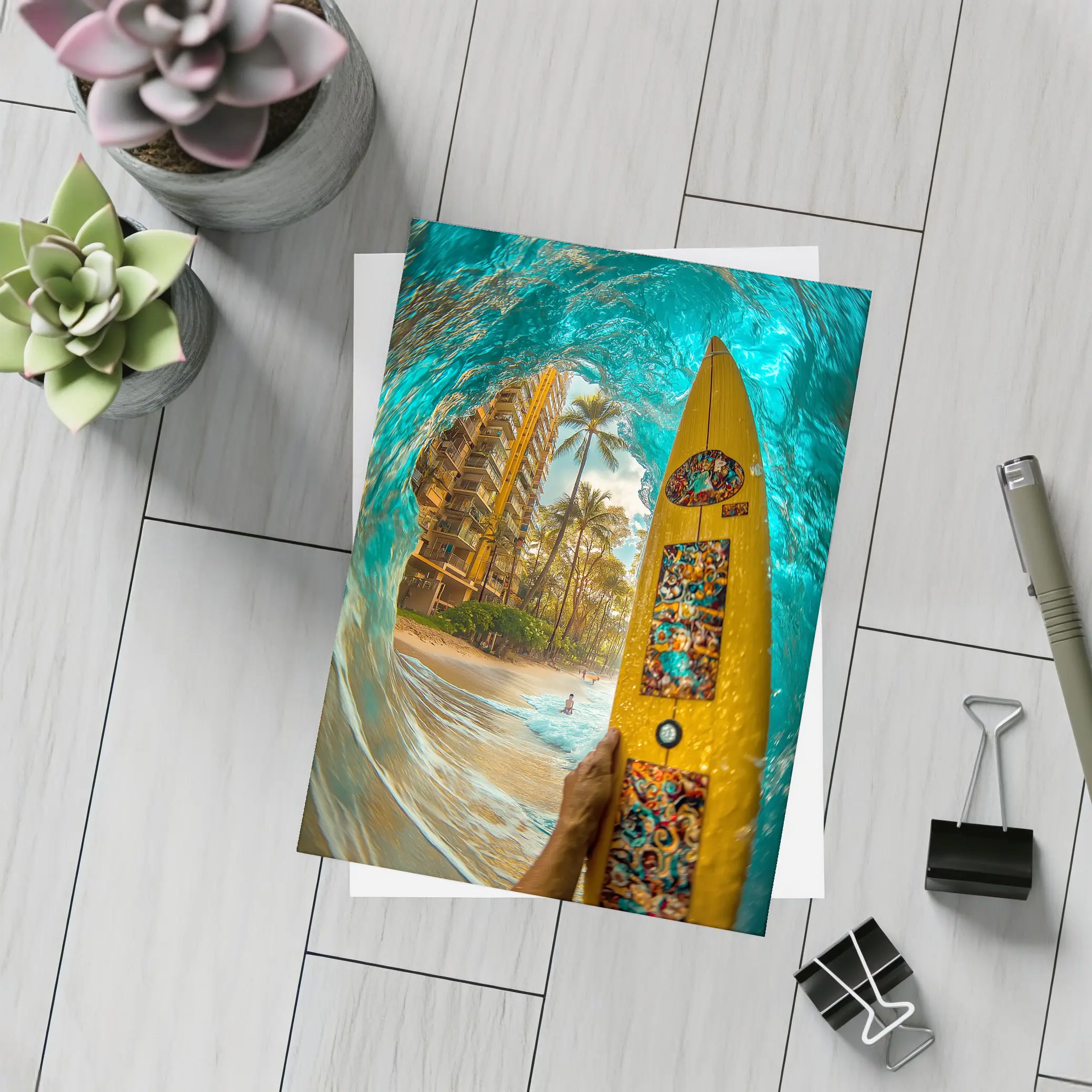 Surfer Holding Yellow Board Inside Ocean Wave – Postcards