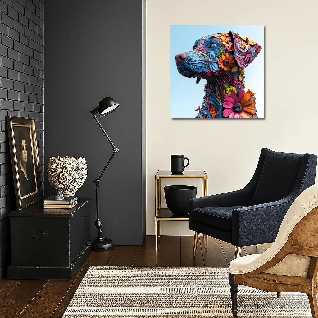 Floral Dog Sculpture Blue Sky Background – Wall Art