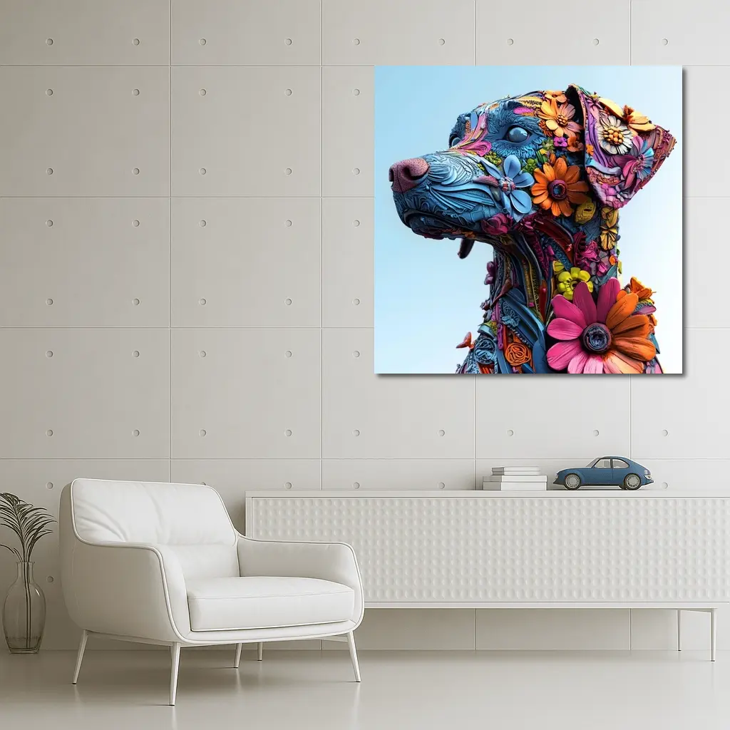Floral Dog Sculpture Blue Sky Background – Wall Art