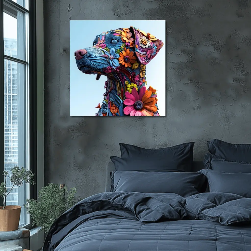 Floral Dog Sculpture Blue Sky Background – Wall Art