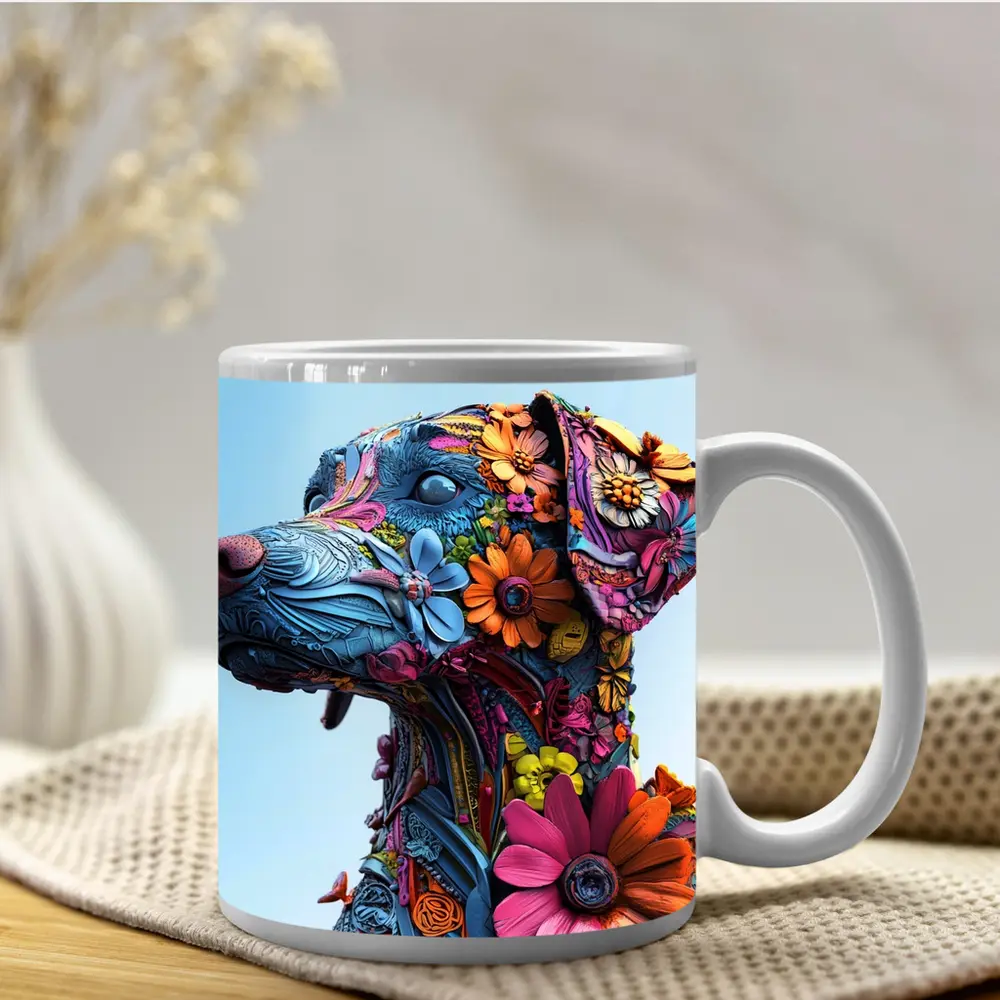Floral Dog Sculpture Blue Sky Background – Mugs