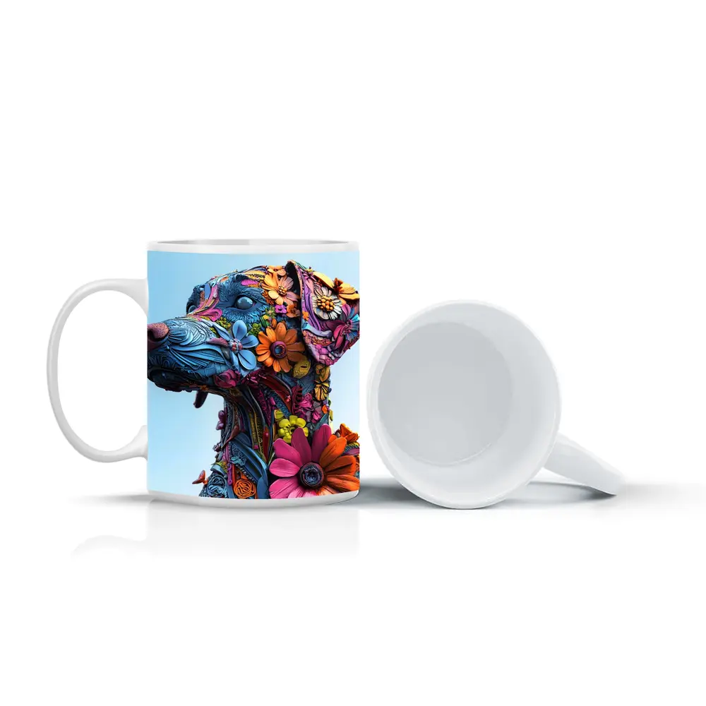 Floral Dog Sculpture Blue Sky Background – Mugs