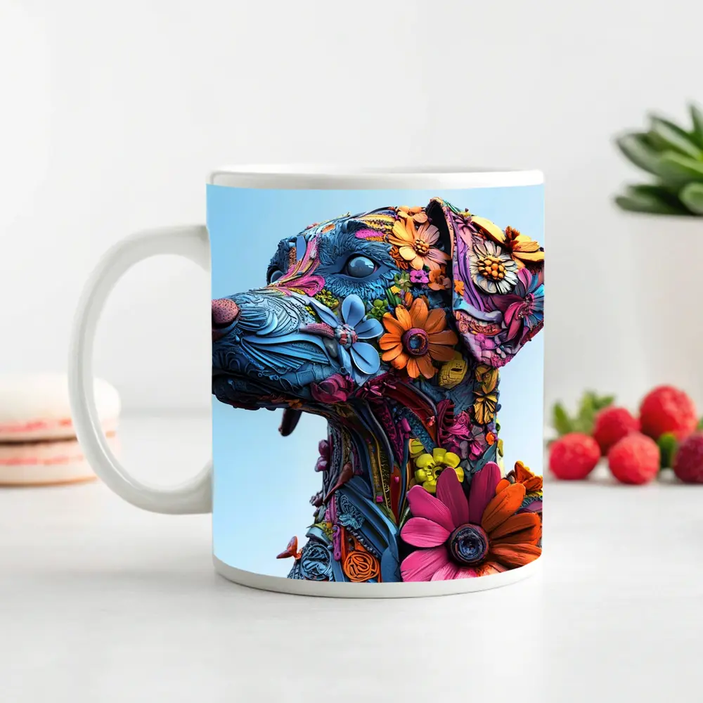 Floral Dog Sculpture Blue Sky Background – Mugs