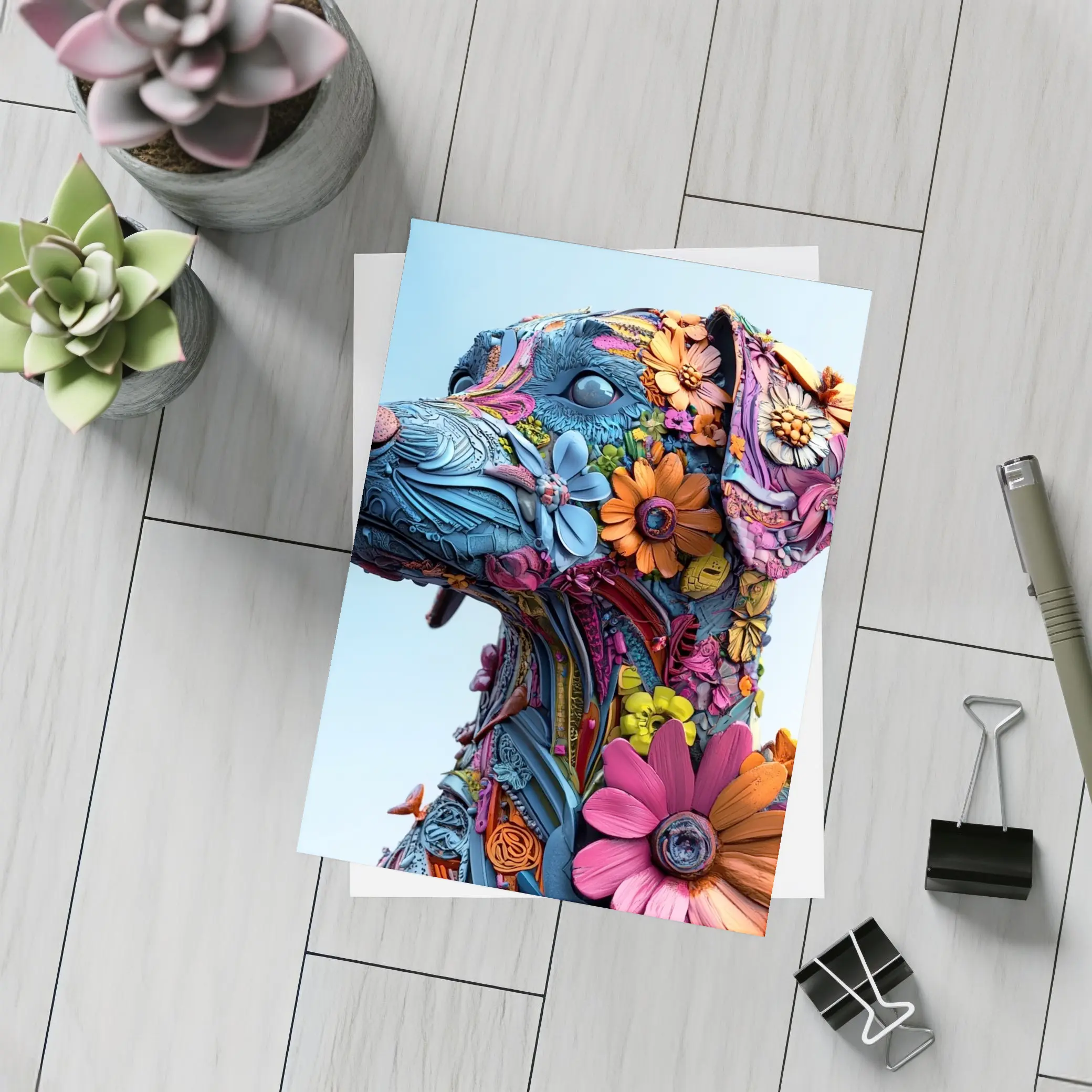 Floral Dog Sculpture Blue Sky Background – Postcards