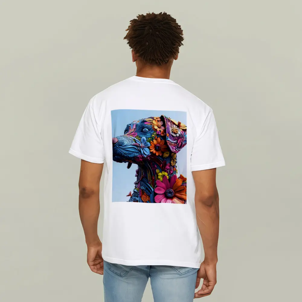 Floral Dog Sculpture Blue Sky Background – T-Shirts