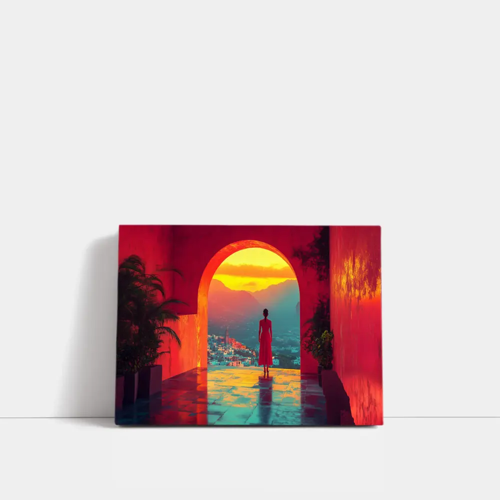Woman Standing Arch Sunset City View – Wall Art