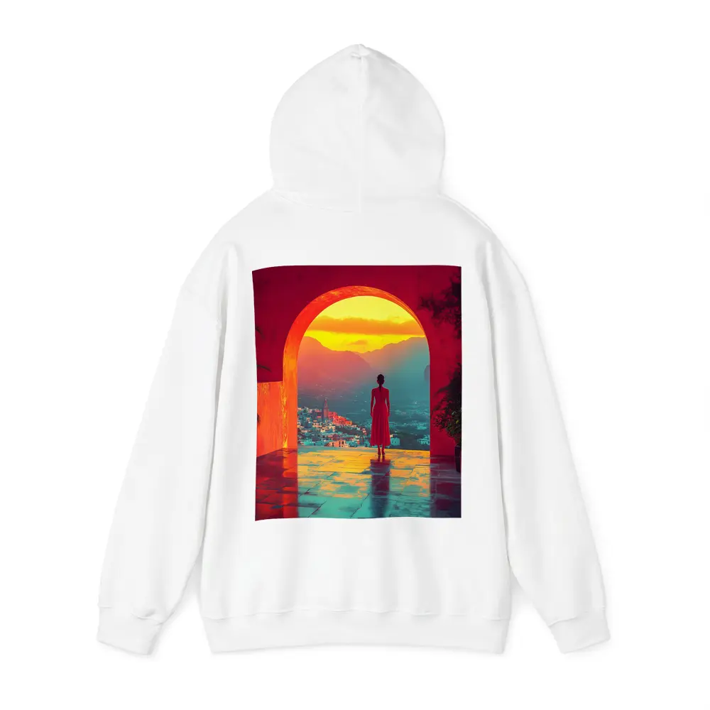 Woman Standing Arch Sunset City View – Hoodies