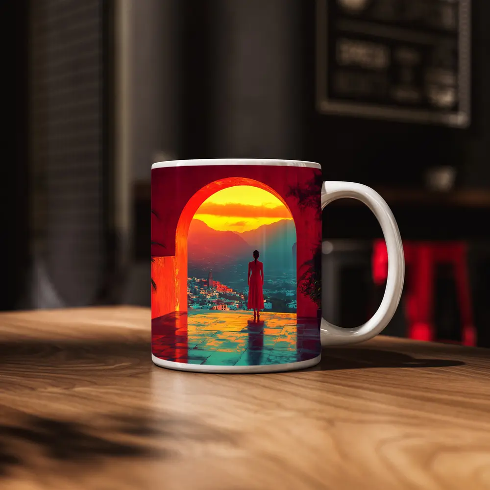 Woman Standing Arch Sunset City View – Mugs