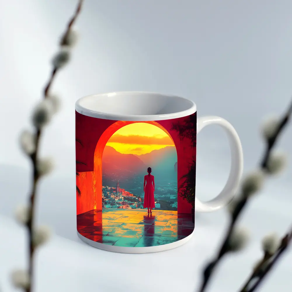 Woman Standing Arch Sunset City View – Mugs