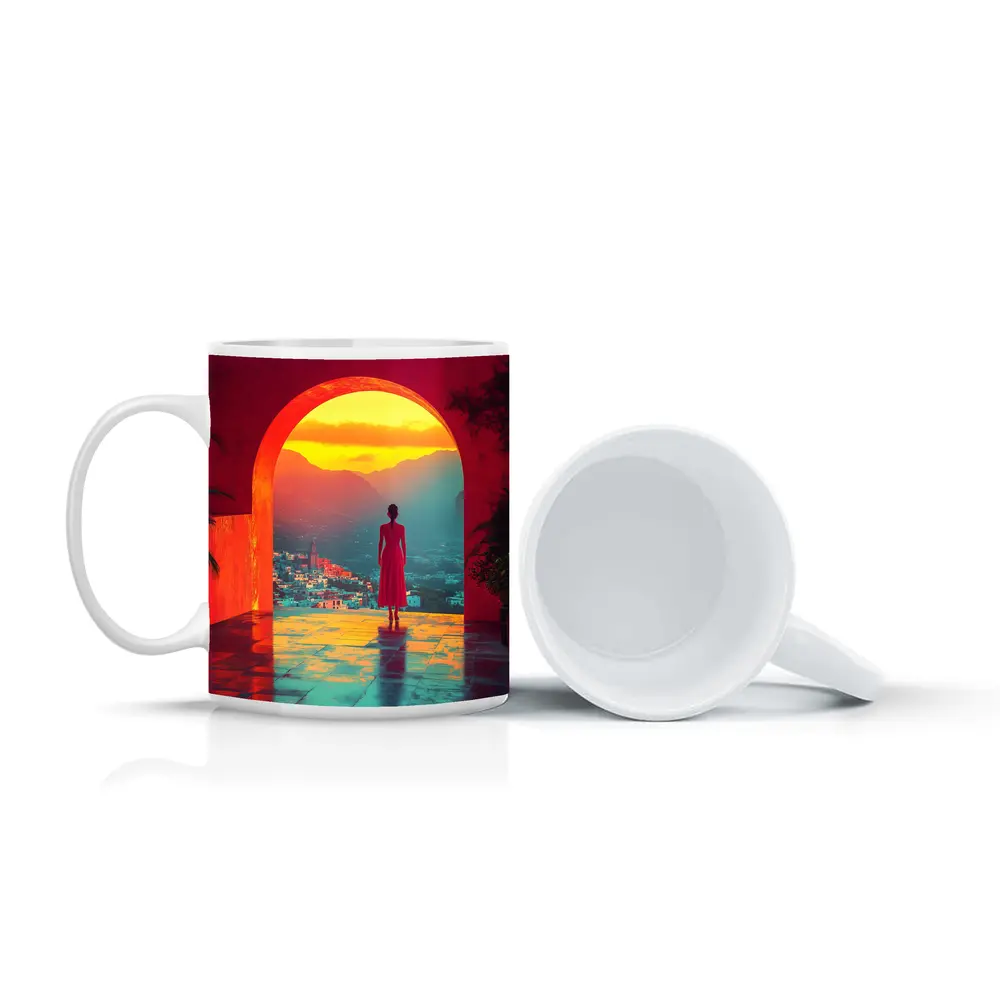 Woman Standing Arch Sunset City View – Mugs