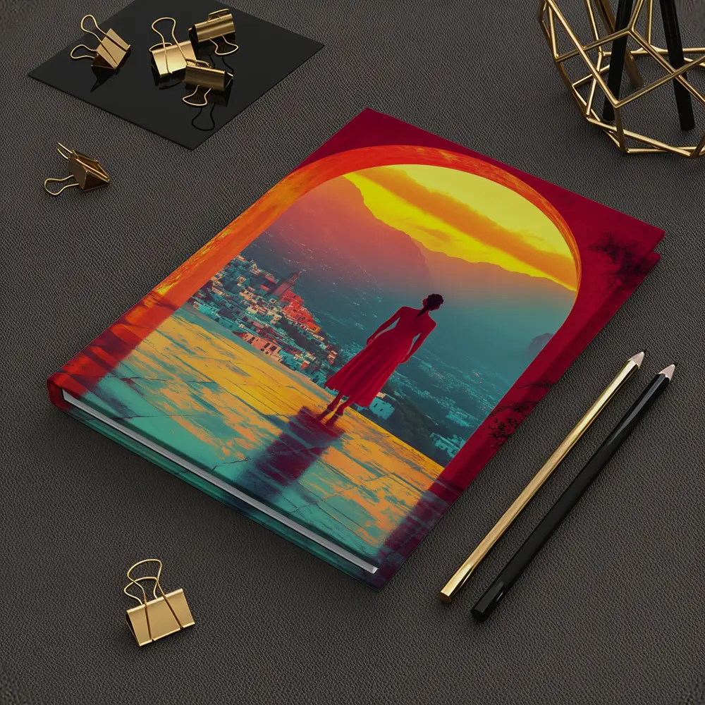 Woman Standing Arch Sunset City View – Notebooks