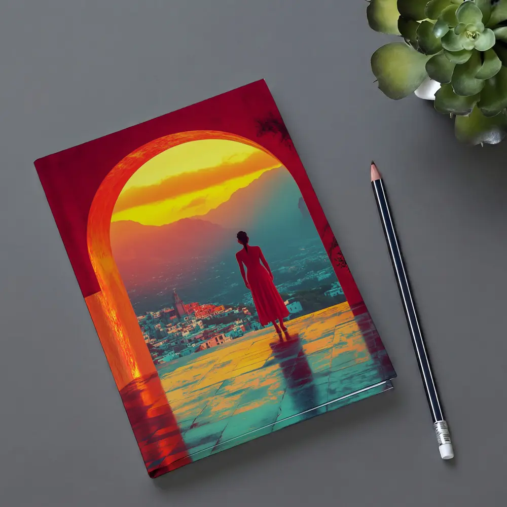 Woman Standing Arch Sunset City View – Notebooks