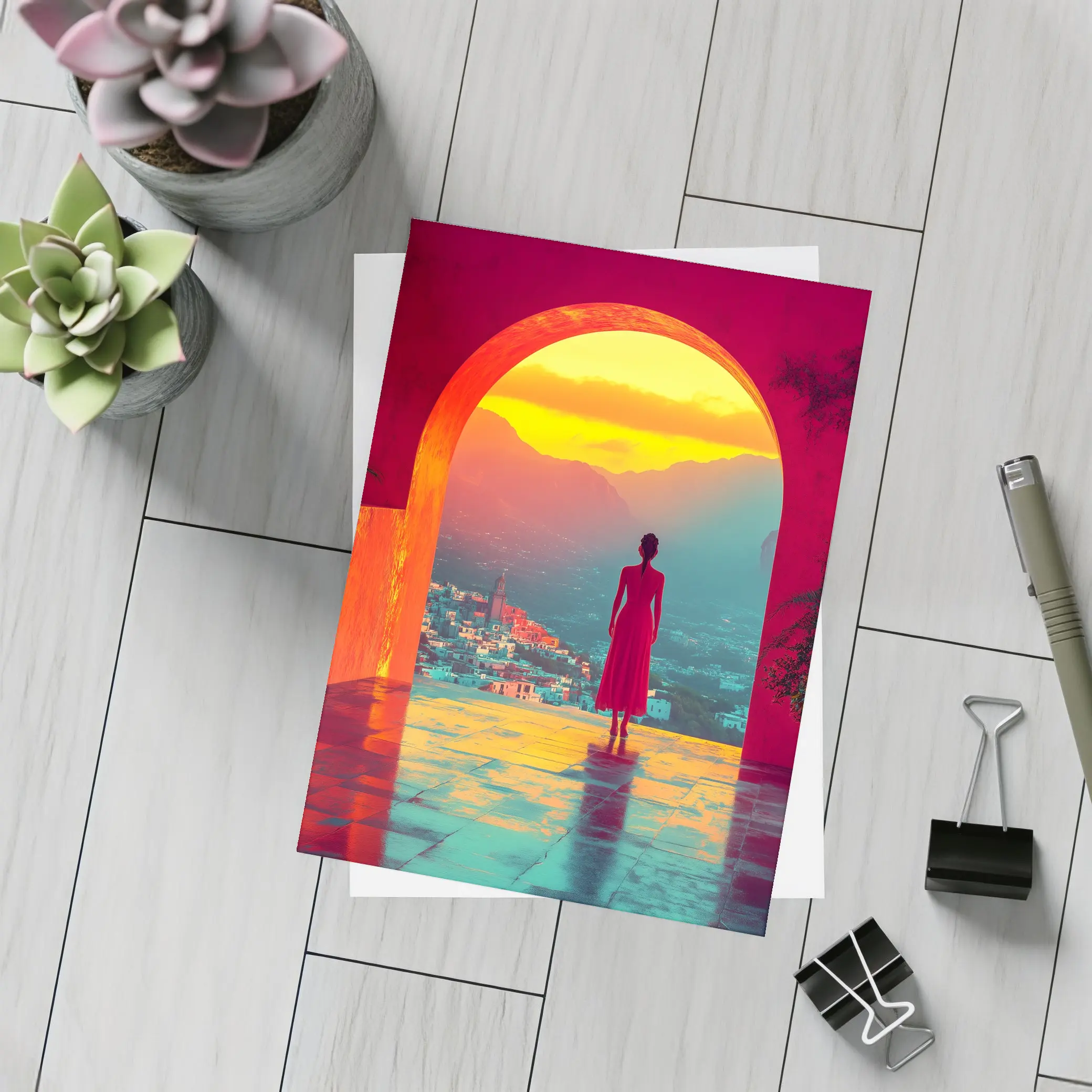Woman Standing Arch Sunset City View – Postcards