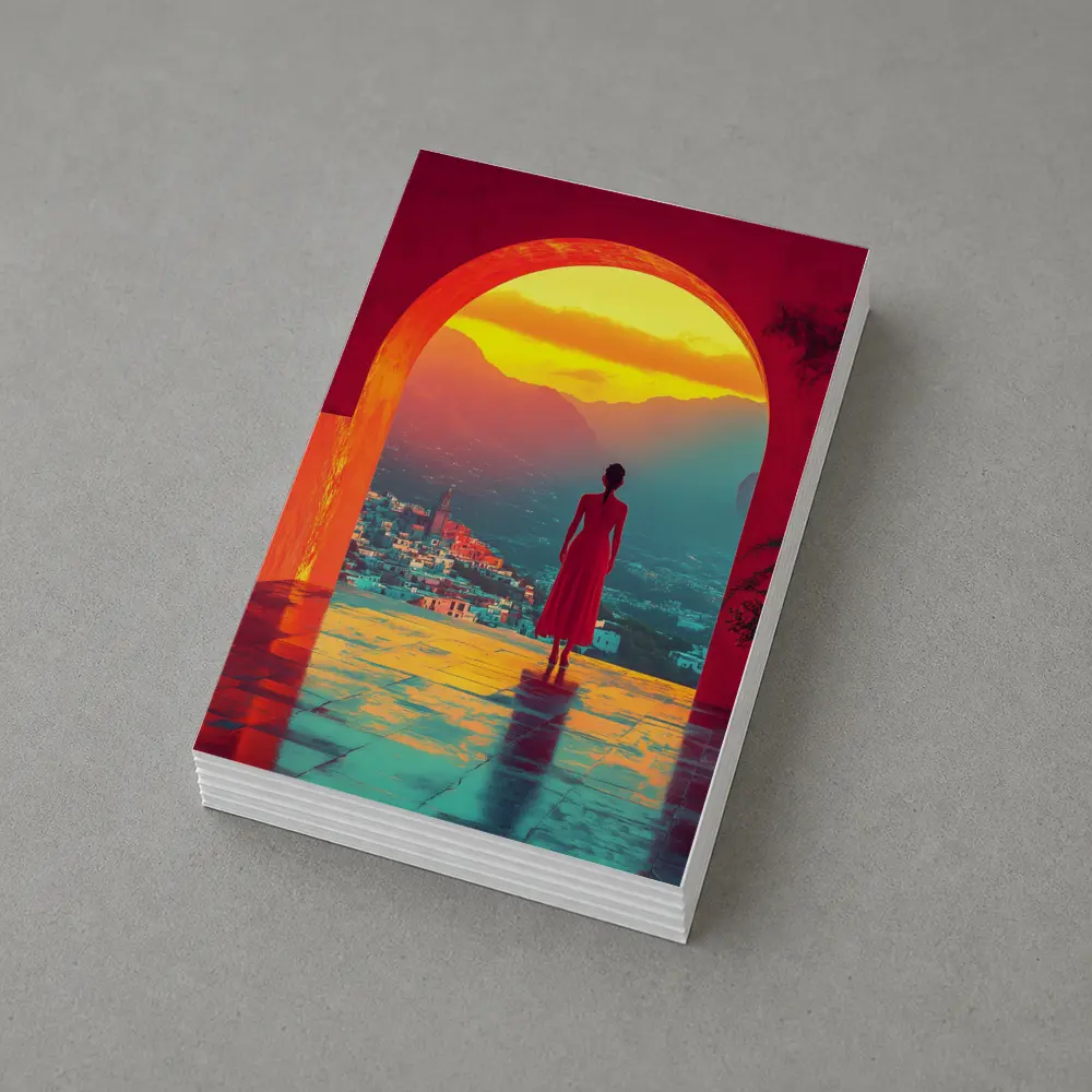 Woman Standing Arch Sunset City View – Postcards