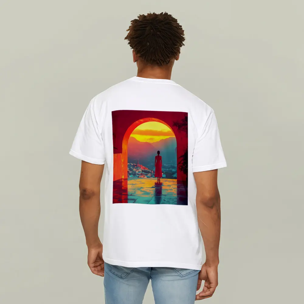Woman Standing Arch Sunset City View – T-Shirts