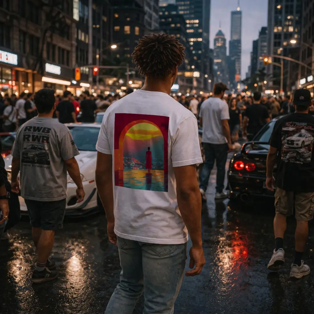 Woman Standing Arch Sunset City View – T-Shirts