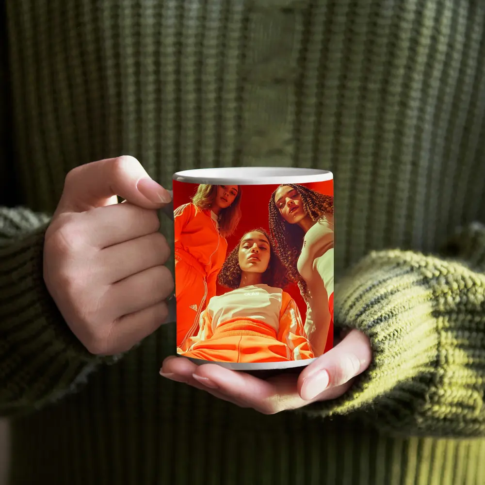 Three Women Orange Adidas Sportswear Red Background – Mugs