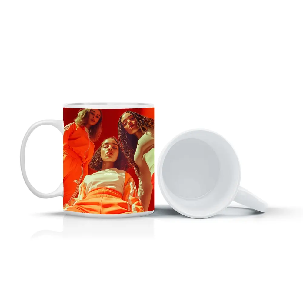 Three Women Orange Adidas Sportswear Red Background – Mugs