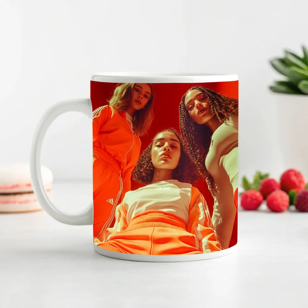Three Women Orange Adidas Sportswear Red Background – Mugs