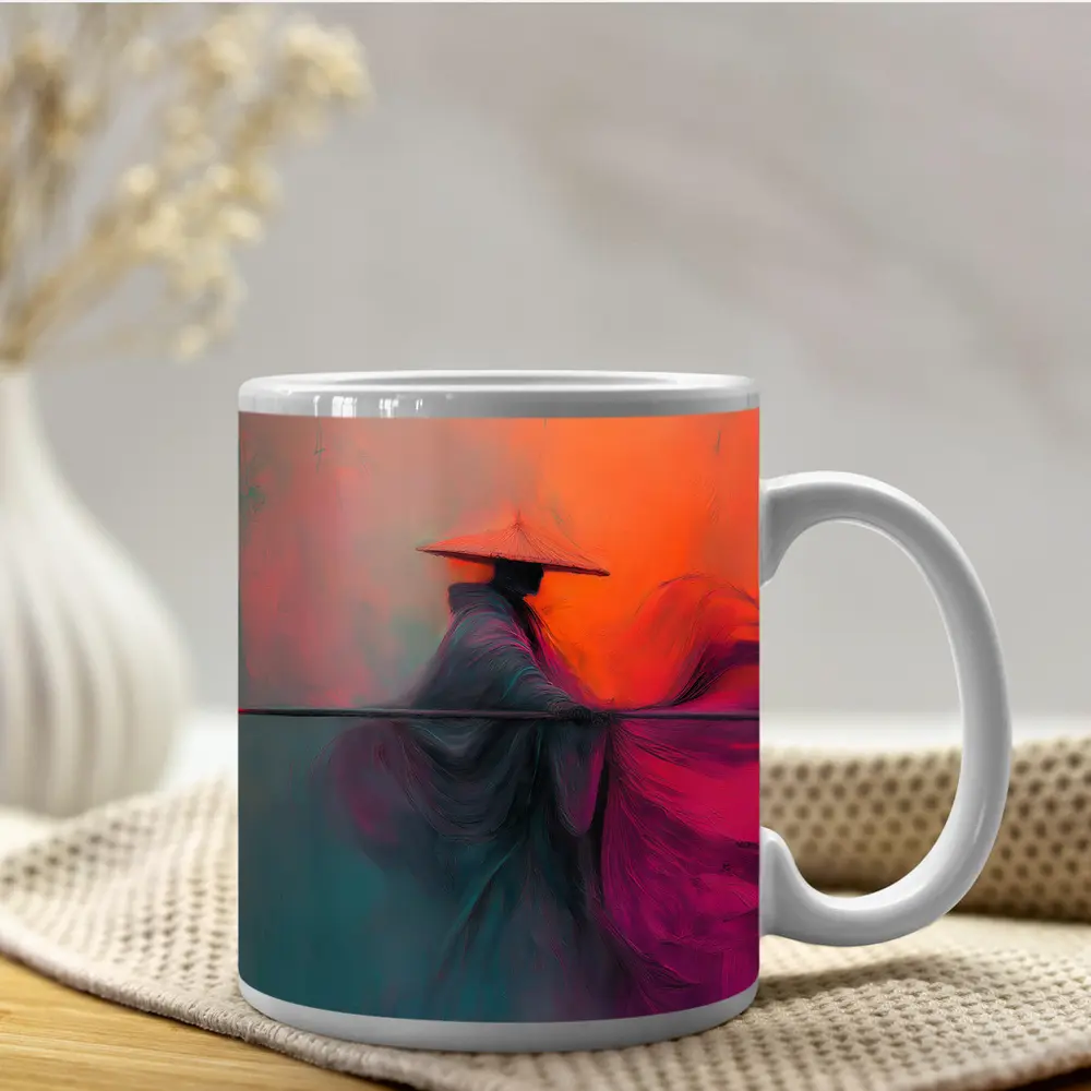 Samurai Warrior Abstract Painting Orange Background – Mugs