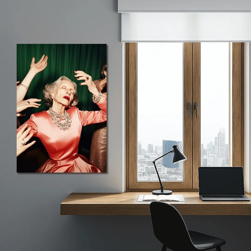 Elegant Older Woman Dancing Green Curtain Background – Wall Art