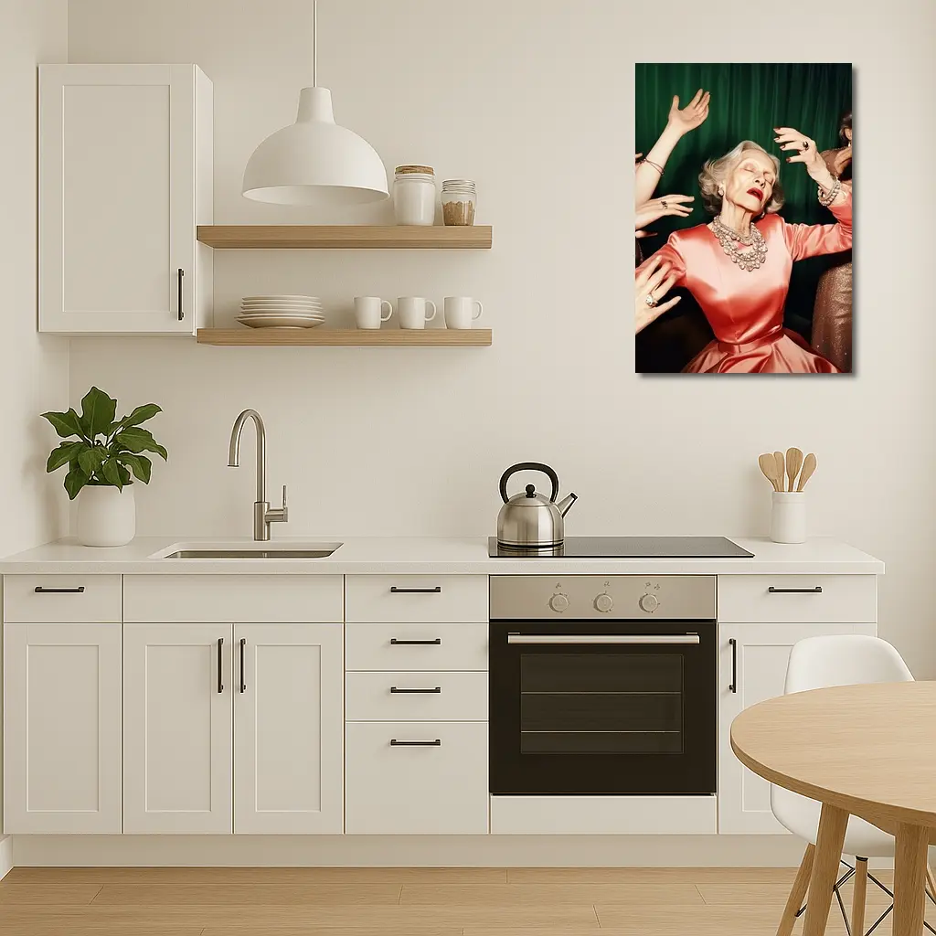 Elegant Older Woman Dancing Green Curtain Background – Wall Art