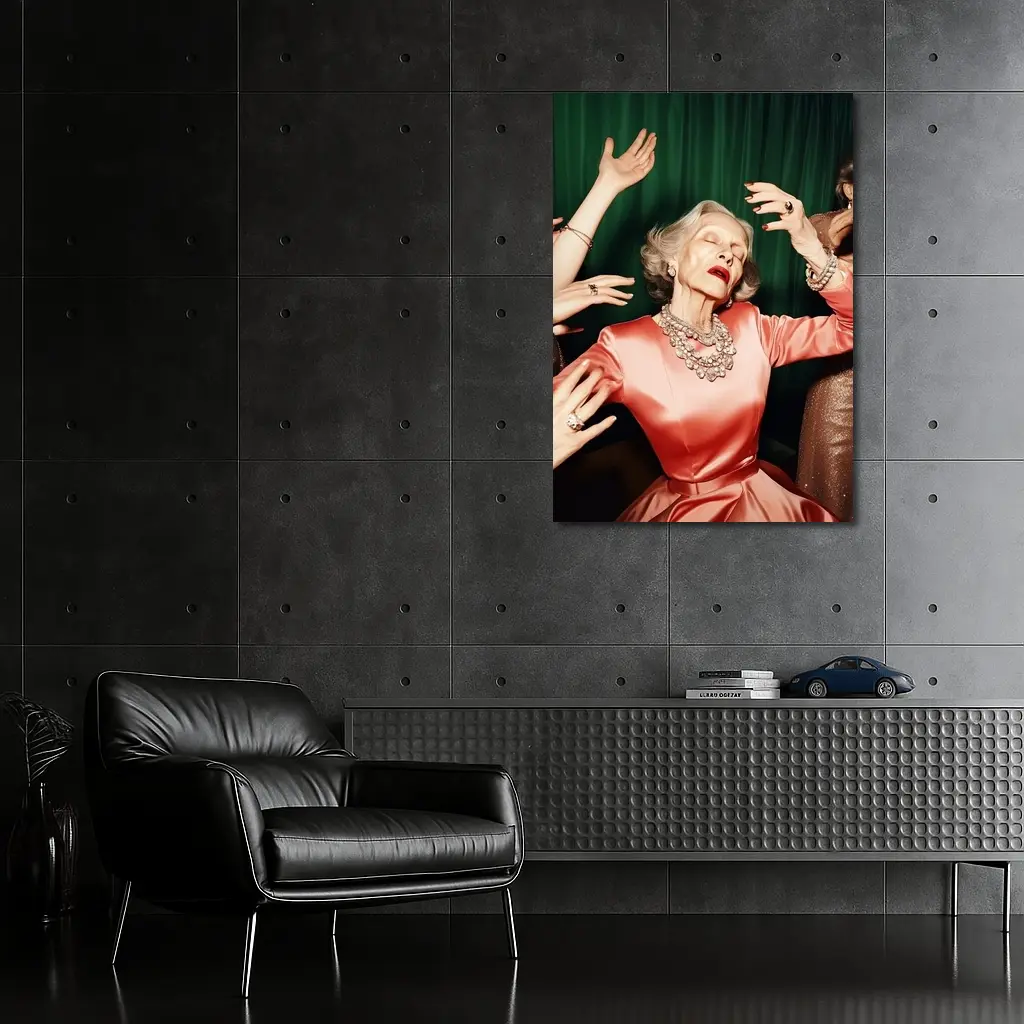 Elegant Older Woman Dancing Green Curtain Background – Wall Art