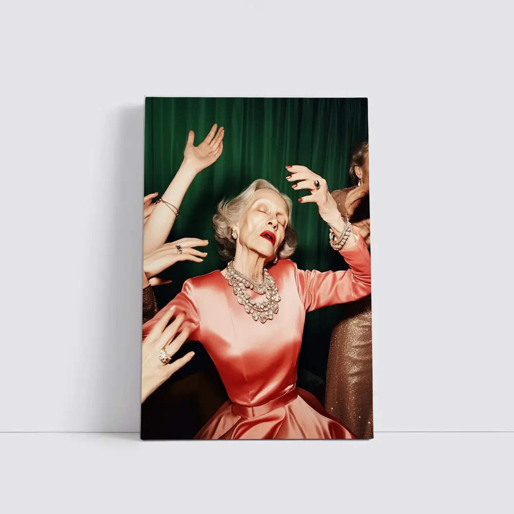 Elegant Older Woman Dancing Green Curtain Background – Wall Art
