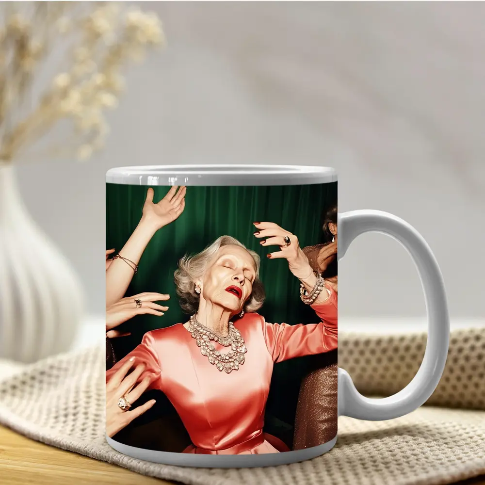 Elegant Older Woman Dancing Green Curtain Background – Mugs