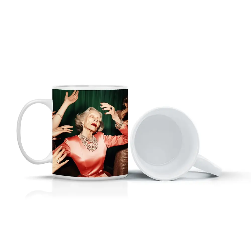 Elegant Older Woman Dancing Green Curtain Background – Mugs