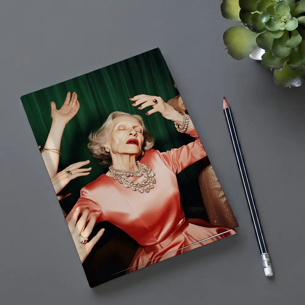 Elegant Older Woman Dancing Green Curtain Background – Notebooks