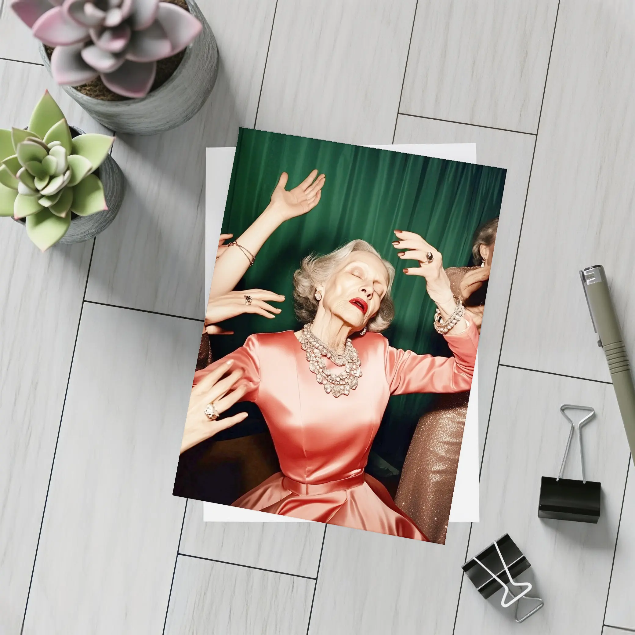 Elegant Older Woman Dancing Green Curtain Background – Postcards