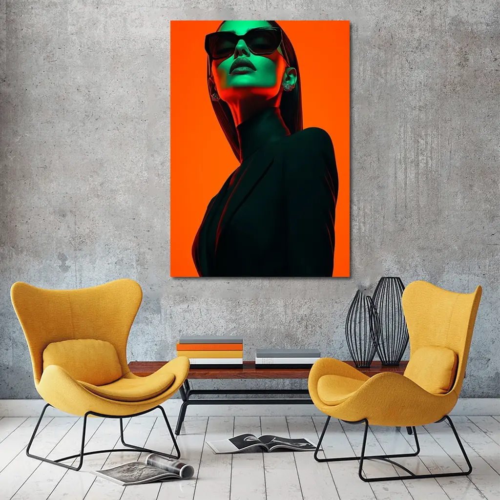 Fashion Woman Green Light Orange Background – Wall Art