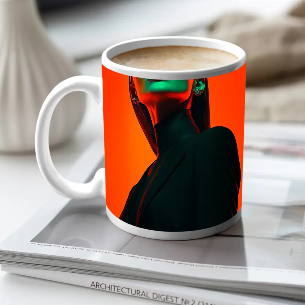 Fashion Woman Green Light Orange Background – Mugs