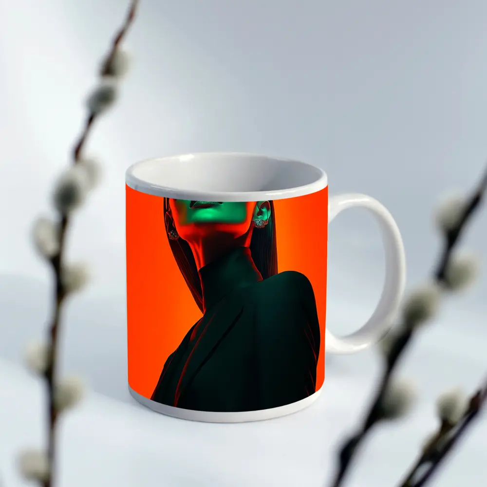 Fashion Woman Green Light Orange Background – Mugs