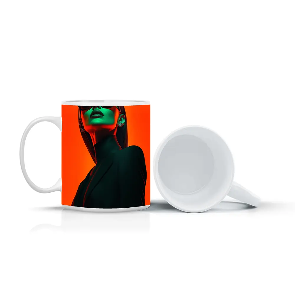 Fashion Woman Green Light Orange Background – Mugs