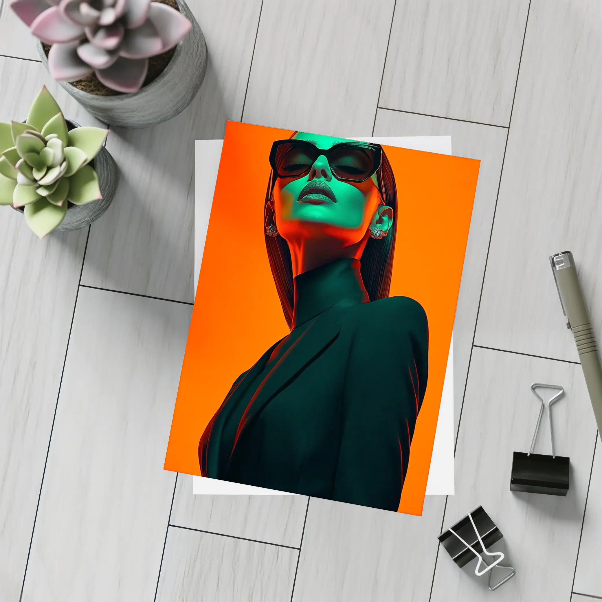 Fashion Woman Green Light Orange Background – Postcards