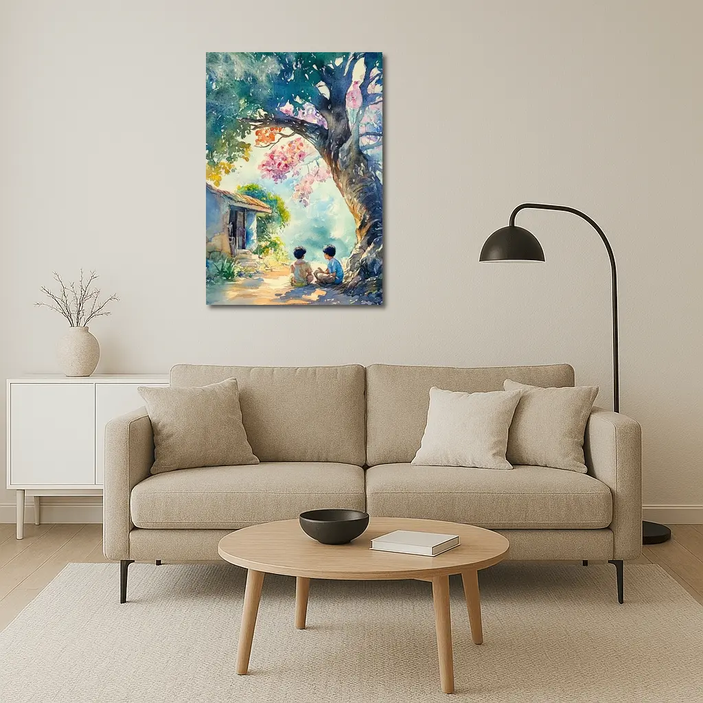 Two Boys Sitting Under Large Tree Watercolor – Wall Art