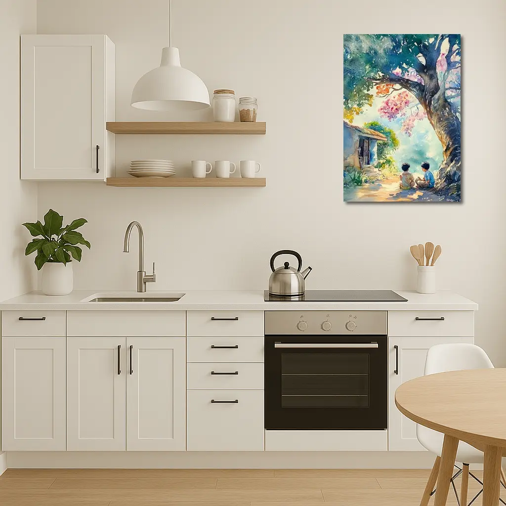 Two Boys Sitting Under Large Tree Watercolor – Wall Art