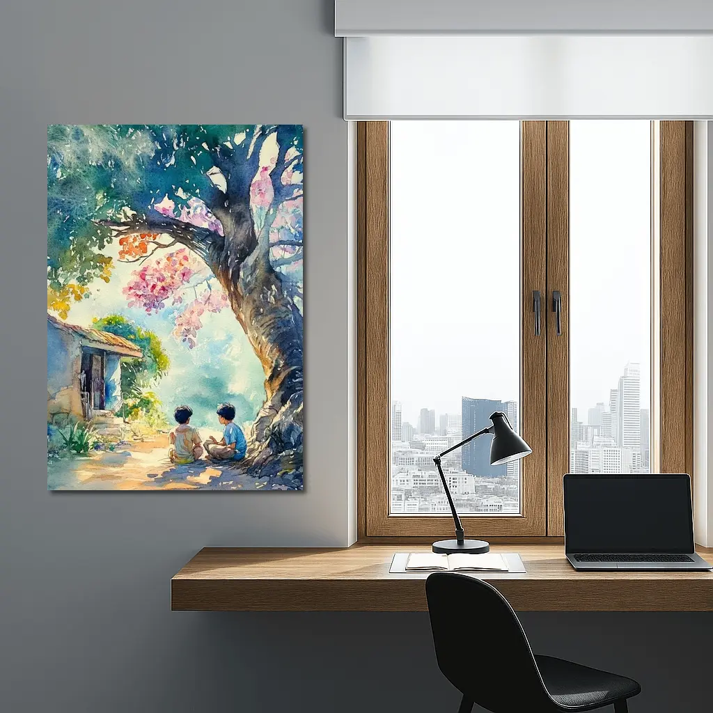 Two Boys Sitting Under Large Tree Watercolor – Wall Art