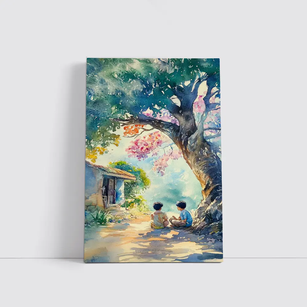 Two Boys Sitting Under Large Tree Watercolor – Wall Art