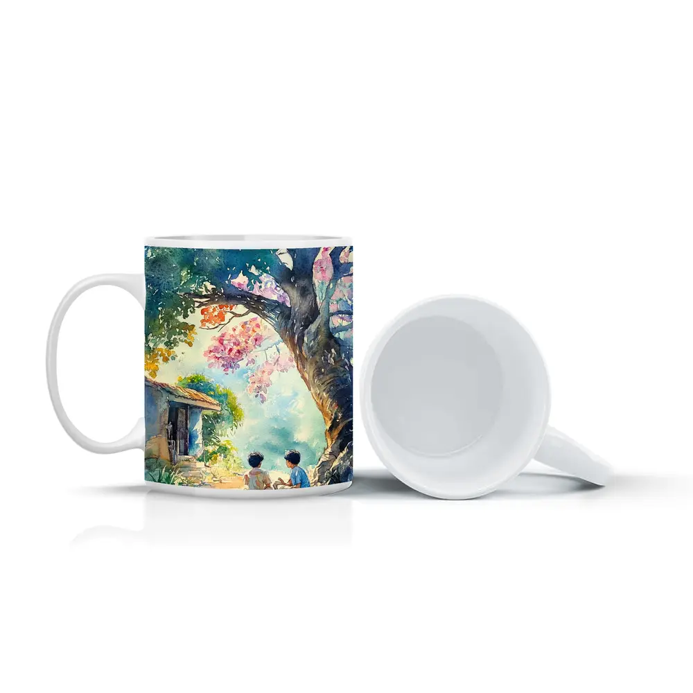 Two Boys Sitting Under Large Tree Watercolor – Mugs